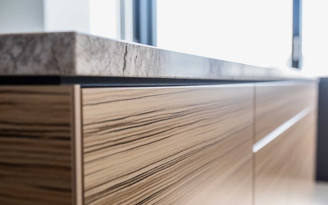 Close-up of a wood grain kitchen cabinet with a stone countertop, highlighting the quality often found in kitchen remodeling Maryland, and a window in the background.
