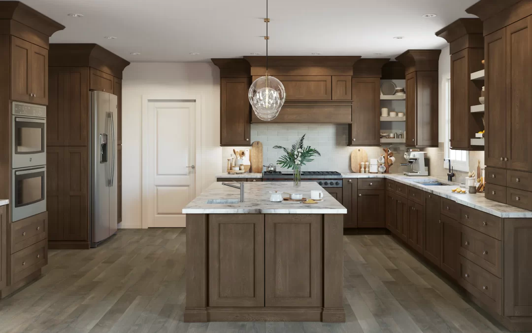 Spacious kitchen with wooden cabinets, large island, stainless steel appliances, marble countertops, and a chandelier.