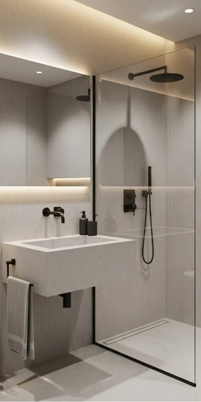 Minimalist bathroom with a floating sink, wall mirror, walk-in shower, and soft recessed lighting.