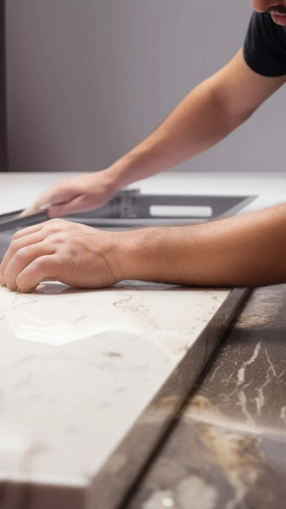 Person measuring and installing a marble countertop in a kitchen setting.